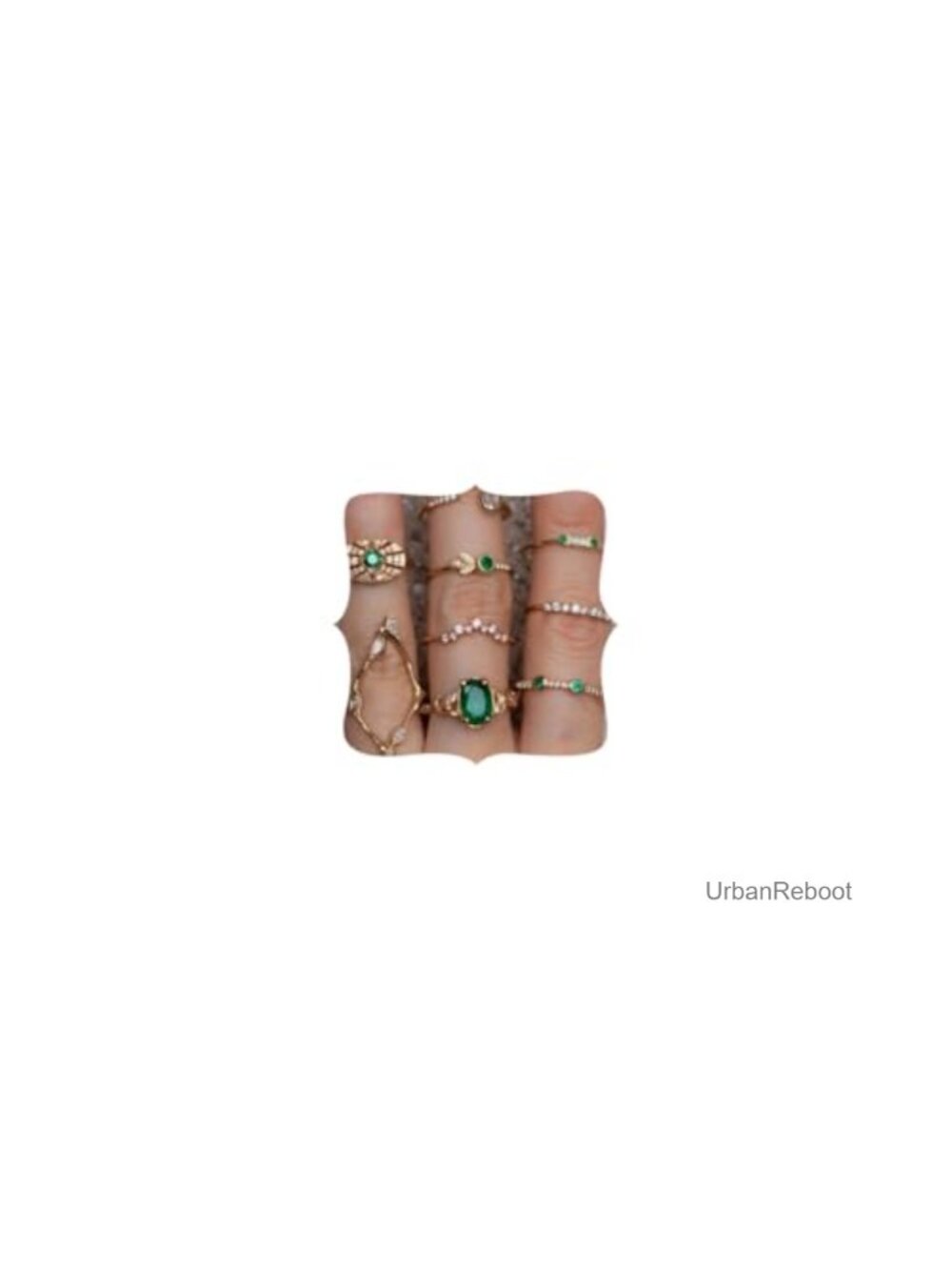 9 Pc Vintage Gold Alloy Ring Set Green Gem Stackable Knuckle Rings